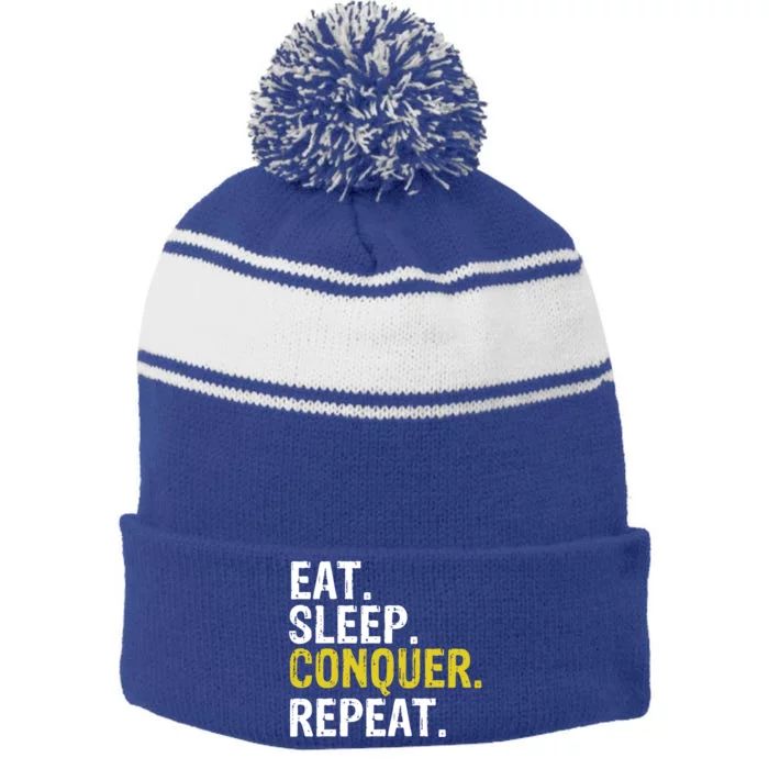 Eat Sleep Conquer Repeat Motivational Gift Stripe Pom Pom Beanie