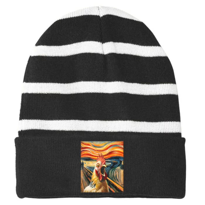 Expressionist Scream Chicken Lovers | Artistic Chicken Striped Beanie with Solid Band