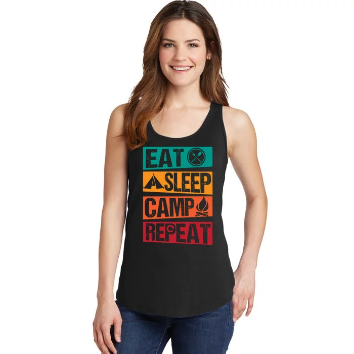 Eat Sleep Camp Repeat Funny Camping Vintage Retro Ladies Essential Tank