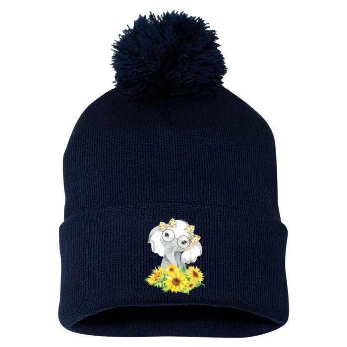 Elephant Sunflower Cute Elephant Love Sunflower Pom Pom 12in Knit Beanie