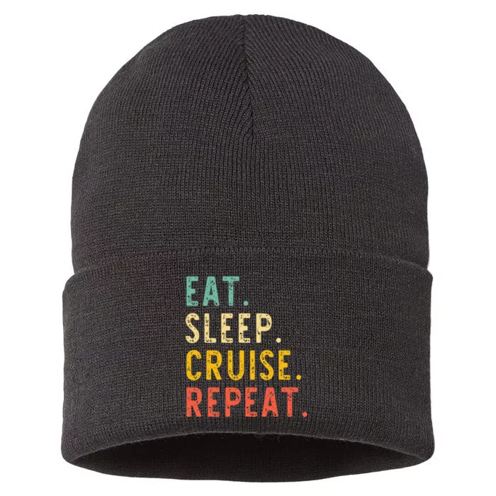 Eat Sleep Cruise Repeat Cruising Vacation Retro Vintage Sustainable Knit Beanie