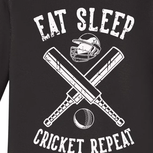 Eat Sleep Cricket Repea Cricketer Batsman Batting Bowling Baby Long Sleeve Bodysuit