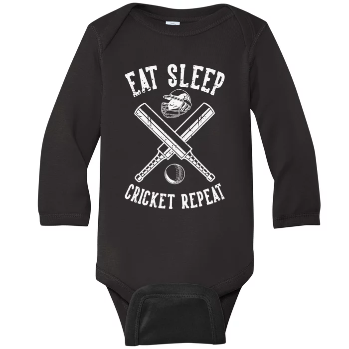 Eat Sleep Cricket Repea Cricketer Batsman Batting Bowling Baby Long Sleeve Bodysuit