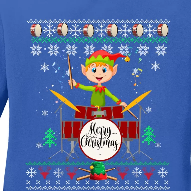 Elf Squad Drummer Ugly Christmas Drums Great Gift Drummer Musical Gift Ladies Long Sleeve Shirt