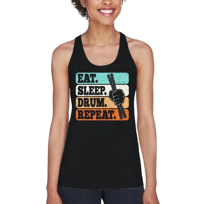 Eat Sleep Drum Repeat Funny Drummer Drumming Lover Retro Women's Racerback Tank