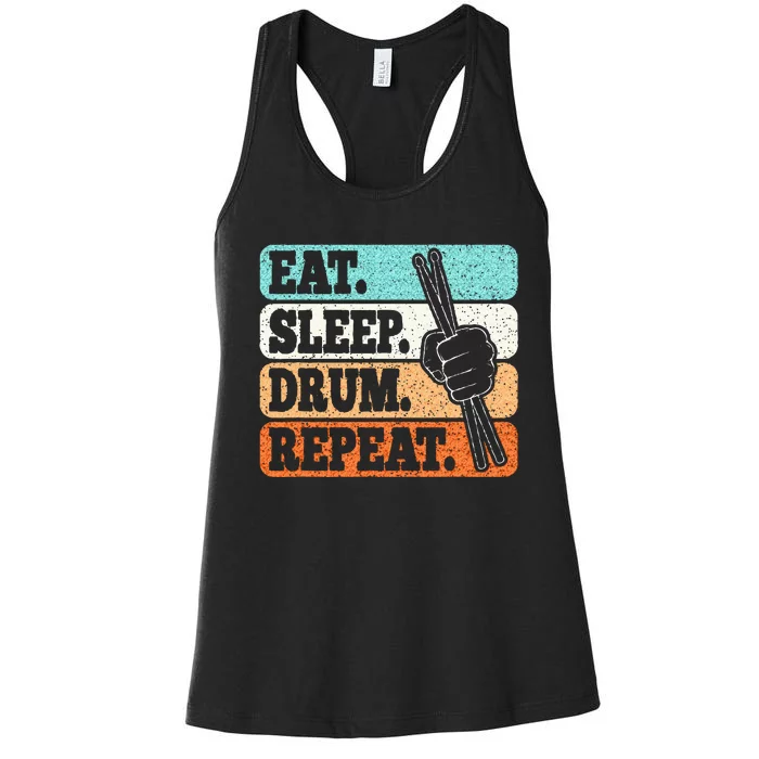 Eat Sleep Drum Repeat Funny Drummer Drumming Lover Retro Women's Racerback Tank