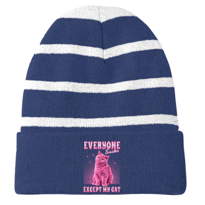 Everyone Sucks Except My Cat Striped Beanie with Solid Band