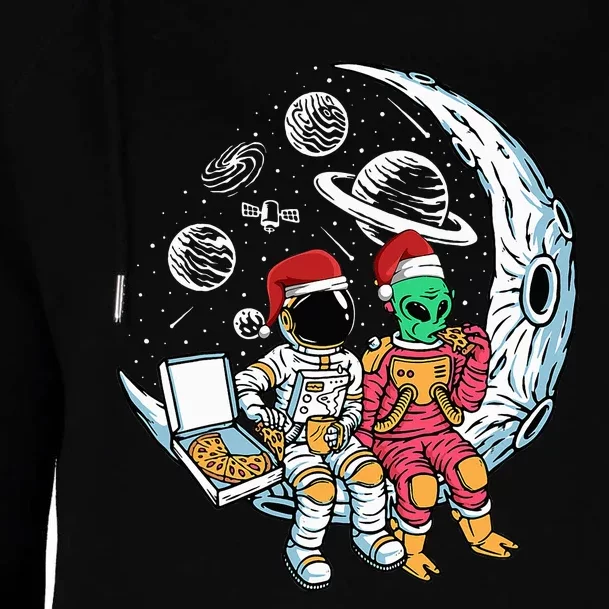 Extraterrestrial Space Explorer Enjoying Pizza Holiday Pajama Womens Funnel Neck Pullover Hood