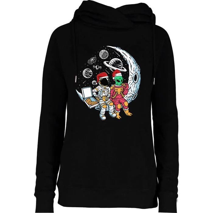 Extraterrestrial Space Explorer Enjoying Pizza Holiday Pajama Womens Funnel Neck Pullover Hood