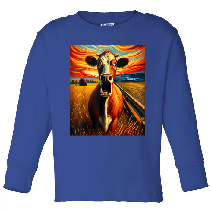 Expressionist Scream For Cow Lovers | Artistic Cow Toddler Long Sleeve Shirt