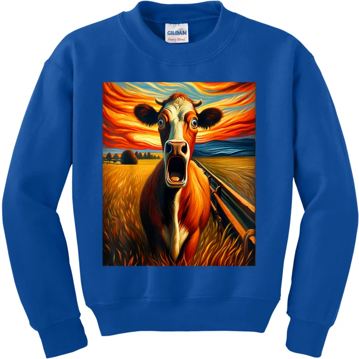 Expressionist Scream For Cow Lovers | Artistic Cow Kids Sweatshirt