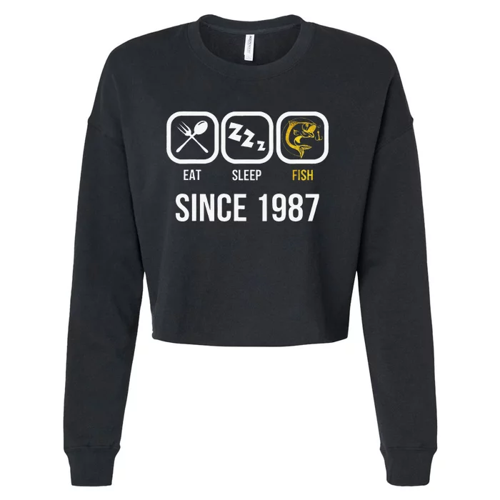 Eat Sleep Fish Since 1987 31st Birthday Fishing Cropped Pullover Crew