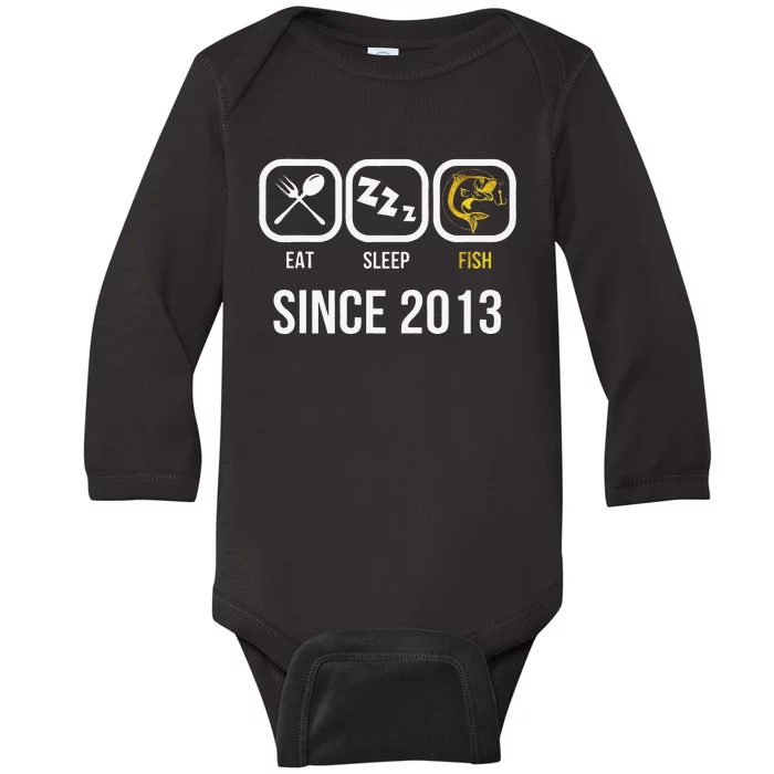 Eat Sleep Fish Since 2013 5th Birthday Fishing Baby Long Sleeve Bodysuit