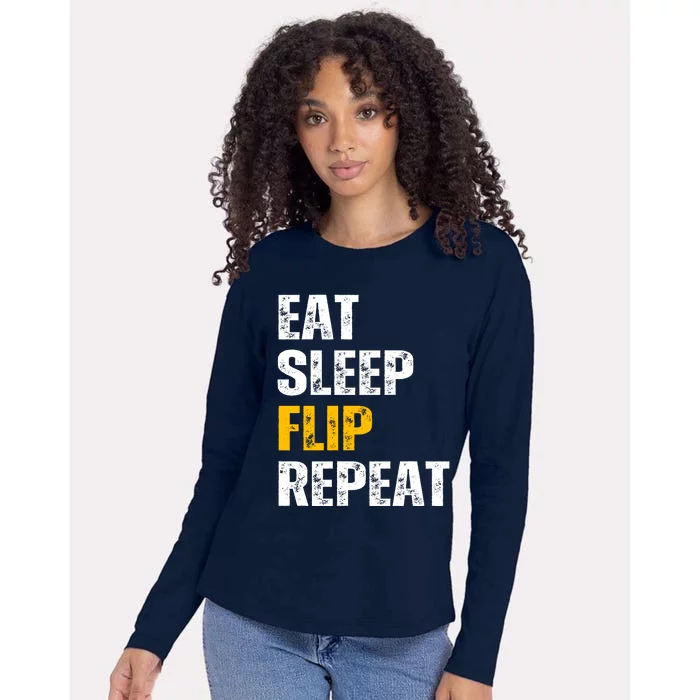 Eat Sleep Flip Repeat Funny Gymnastics Parkour Flipping Womens Cotton Relaxed Long Sleeve T-Shirt