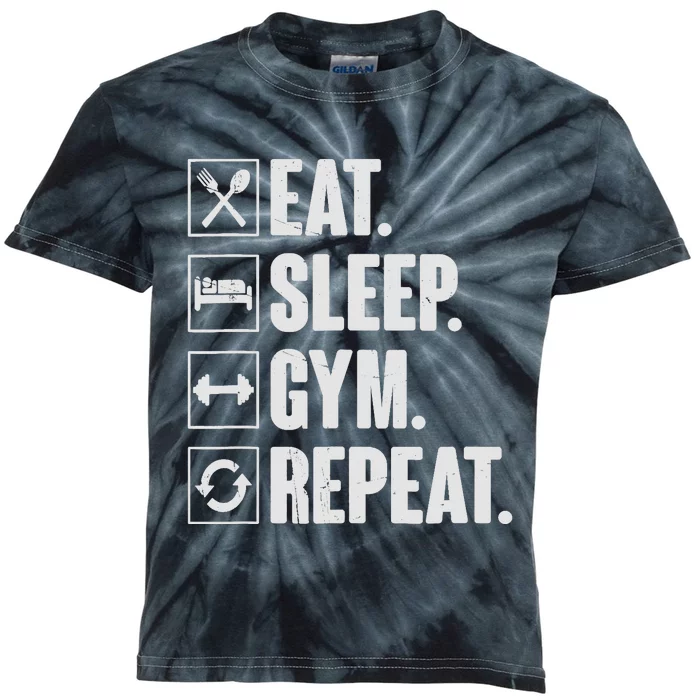 Eat Sleep Gym Repeat Funny Vintage Workout Kids Tie-Dye T-Shirt