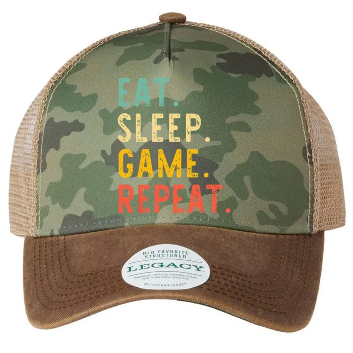 Eat Sleep Game Repeat Video Gamer Gaming Vintage Legacy Tie Dye Trucker Hat