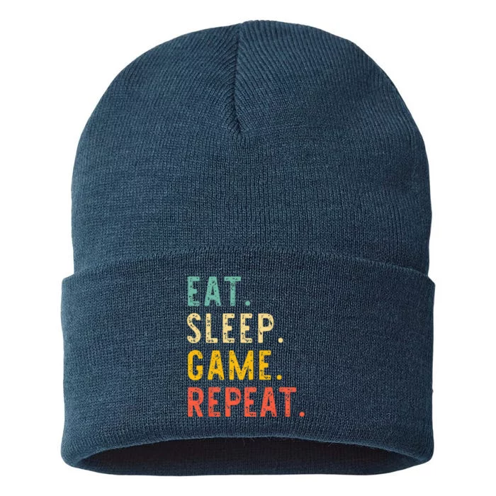 Eat Sleep Game Repeat Video Gamer Gaming Vintage Sustainable Knit Beanie