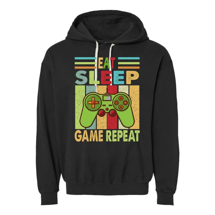 Eat Sleep Game Repeat Retro Vintage Funny Gamer Garment-Dyed Fleece Hoodie