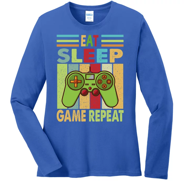 Eat Sleep Game Repeat Retro Vintage Funny Gamer Ladies Long Sleeve Shirt