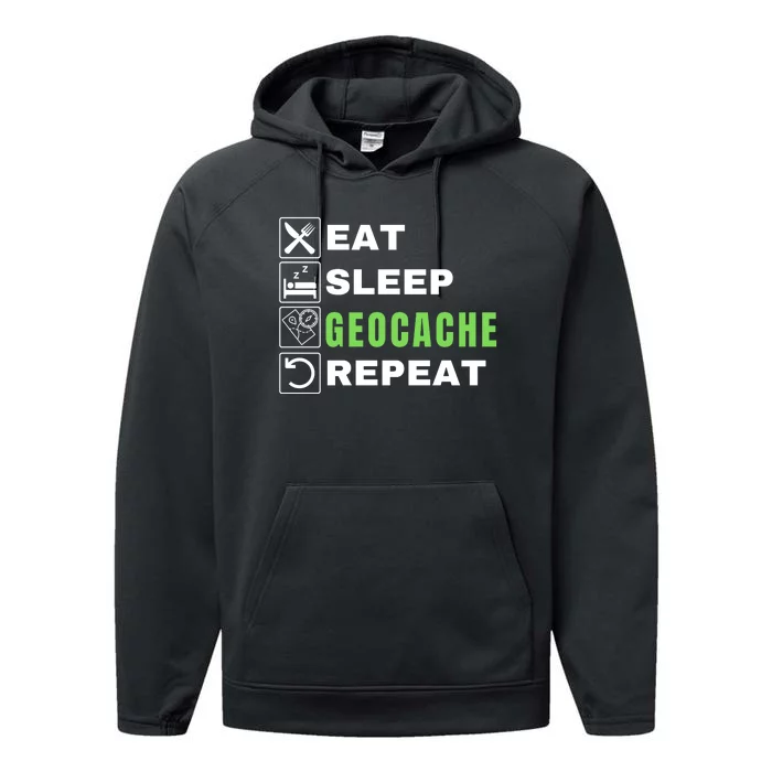 Eat Sleep Geocaching Repeat, Outdoorsman, Funny Geocache, Geocaching Performance Fleece Hoodie