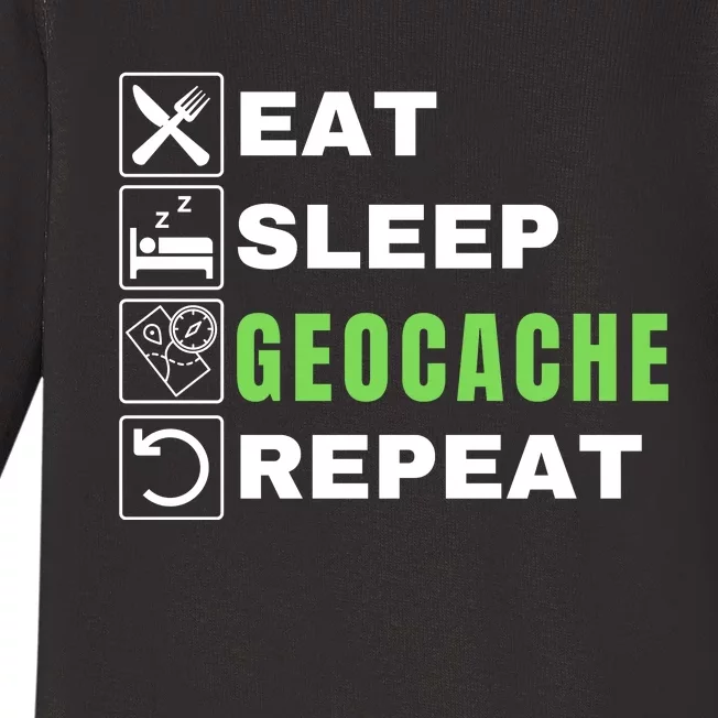 Eat Sleep Geocaching Repeat, Outdoorsman, Funny Geocache, Geocaching Baby Long Sleeve Bodysuit