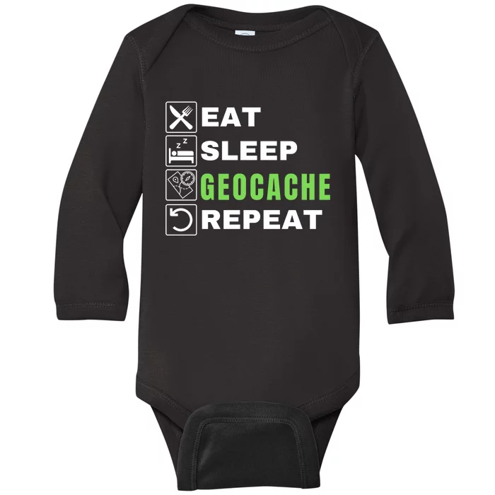 Eat Sleep Geocaching Repeat, Outdoorsman, Funny Geocache, Geocaching Baby Long Sleeve Bodysuit