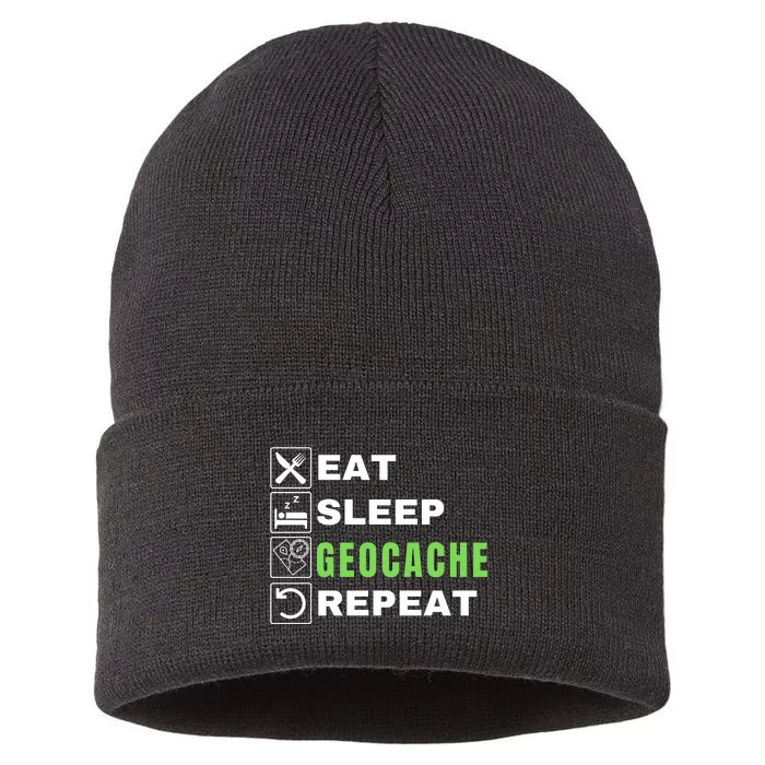 Eat Sleep Geocaching Repeat, Outdoorsman, Funny Geocache, Geocaching Sustainable Knit Beanie