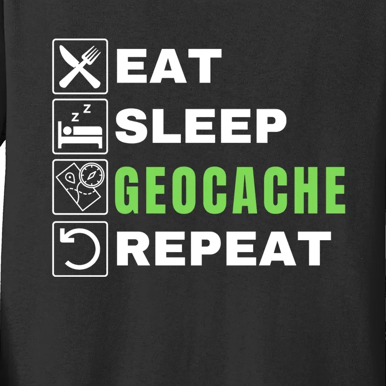 Eat Sleep Geocaching Repeat, Outdoorsman, Funny Geocache, Geocaching Kids Long Sleeve Shirt