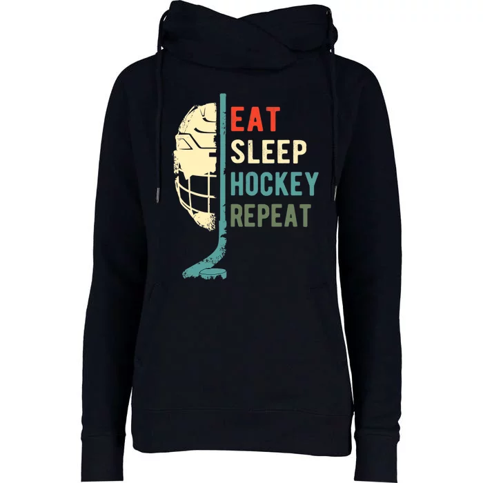 Eat Sleep Hockey Repeat Funny Retro Vintage Womens Funnel Neck Pullover Hood