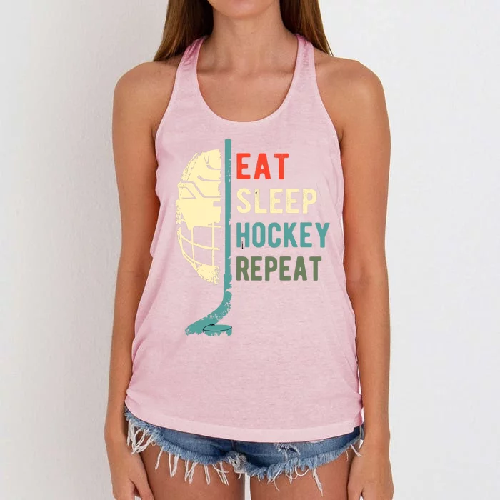 Eat Sleep Hockey Repeat Funny Retro Vintage Women's Knotted Racerback Tank