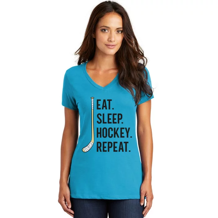 Eat Sleep Hockey Repeat Funny Ice Hockey Great Gift Women's V-Neck T-Shirt