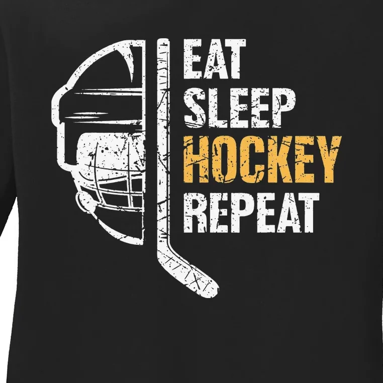 Eat Sleep Hockey Repeat Hockey Funny Ice Hockey Ladies Long Sleeve Shirt