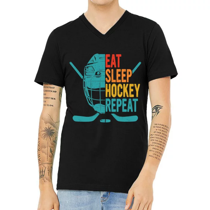 Eat Sleep Hockey Repeat Hockey Funny Ice Hockey V-Neck T-Shirt