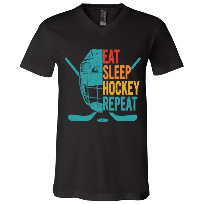 Eat Sleep Hockey Repeat Hockey Funny Ice Hockey V-Neck T-Shirt