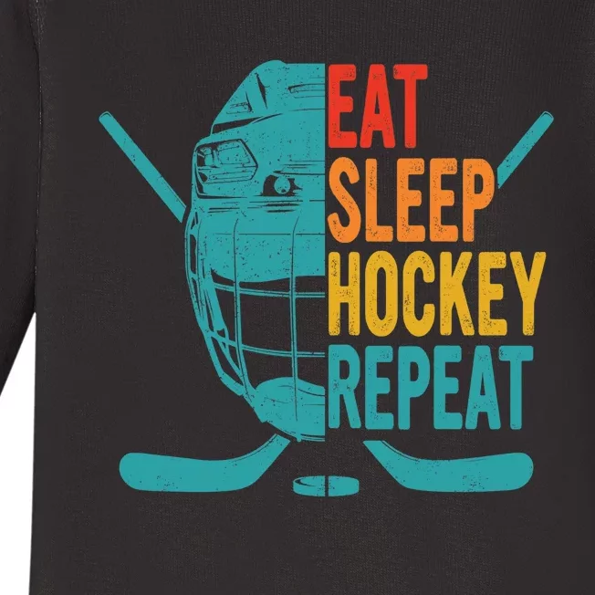 Eat Sleep Hockey Repeat Hockey Funny Ice Hockey Baby Long Sleeve Bodysuit