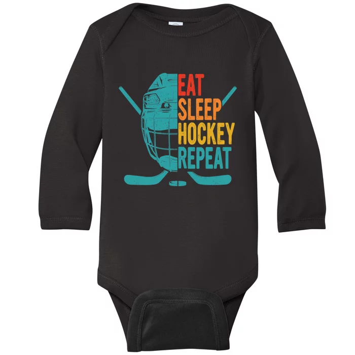 Eat Sleep Hockey Repeat Hockey Funny Ice Hockey Baby Long Sleeve Bodysuit