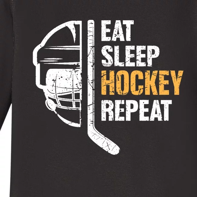 Eat Sleep Hockey Repeat Hockey Funny Ice Hockey Baby Long Sleeve Bodysuit