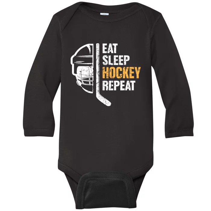 Eat Sleep Hockey Repeat Hockey Funny Ice Hockey Baby Long Sleeve Bodysuit