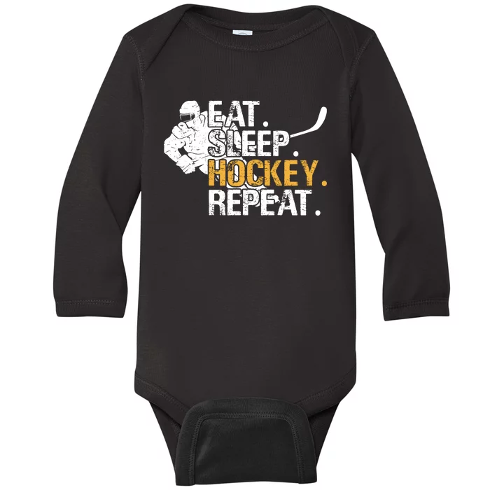 Eat Sleep Hockey Repeat Funny Baby Long Sleeve Bodysuit