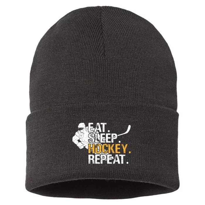 Eat Sleep Hockey Repeat Funny Sustainable Knit Beanie