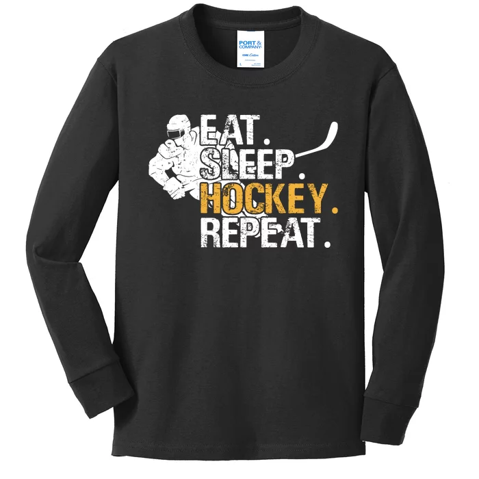 Eat Sleep Hockey Repeat Funny Kids Long Sleeve Shirt