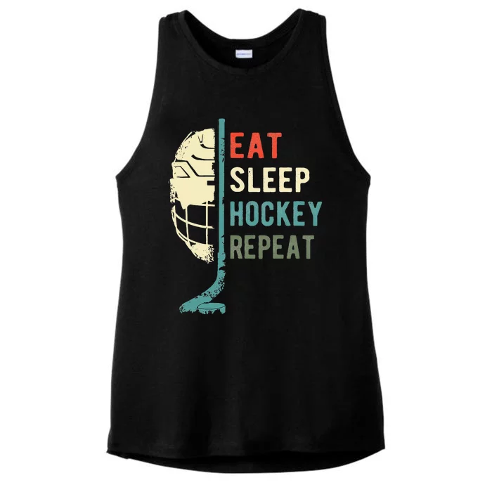 Eat Sleep Hockey Repeat Funny Retro Vintage Ladies Tri-Blend Wicking Tank