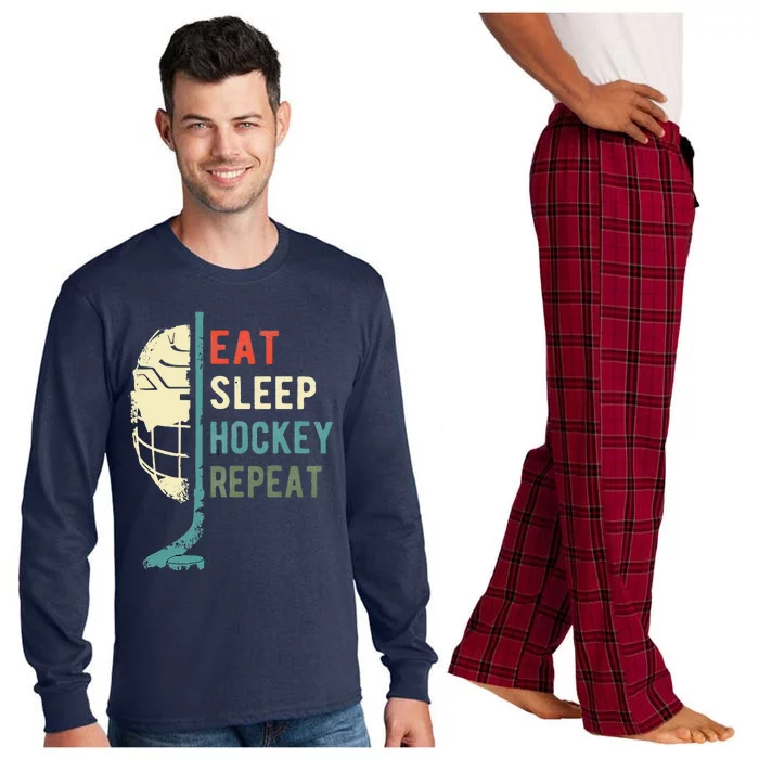 Eat Sleep Hockey Repeat Funny Retro Vintage Long Sleeve Pajama Set