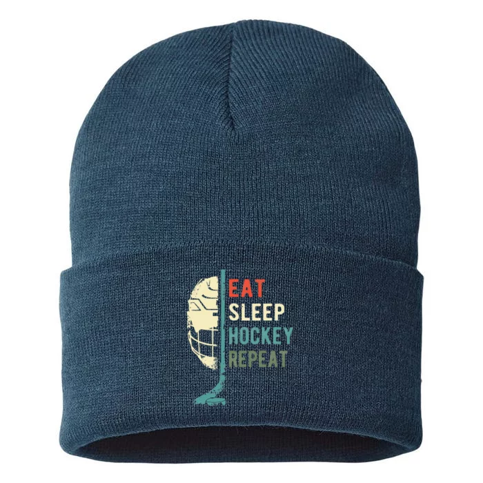 Eat Sleep Hockey Repeat Funny Retro Vintage Sustainable Knit Beanie