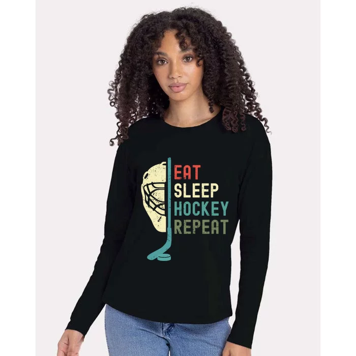 Eat Sleep Hockey Repeat Hockey Retro Ice Hockey Womens Cotton Relaxed Long Sleeve T-Shirt