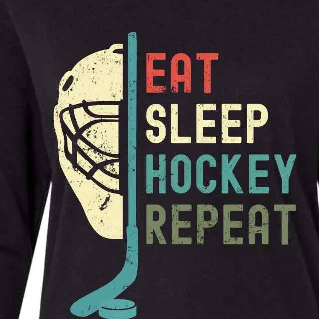 Eat Sleep Hockey Repeat Hockey Retro Ice Hockey Womens Cotton Relaxed Long Sleeve T-Shirt