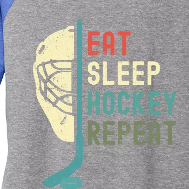 Eat Sleep Hockey Repeat Hockey Retro Ice Hockey Women's Tri-Blend 3/4-Sleeve Raglan Shirt