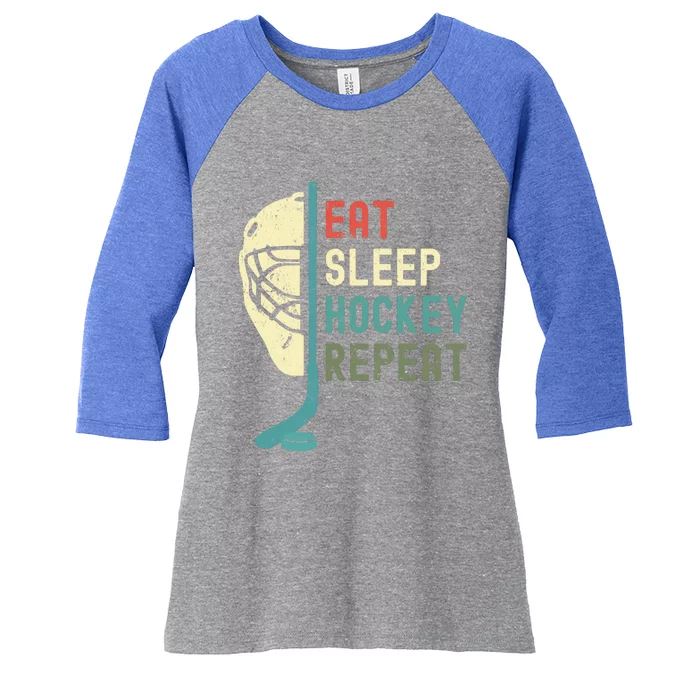 Eat Sleep Hockey Repeat Hockey Retro Ice Hockey Women's Tri-Blend 3/4-Sleeve Raglan Shirt