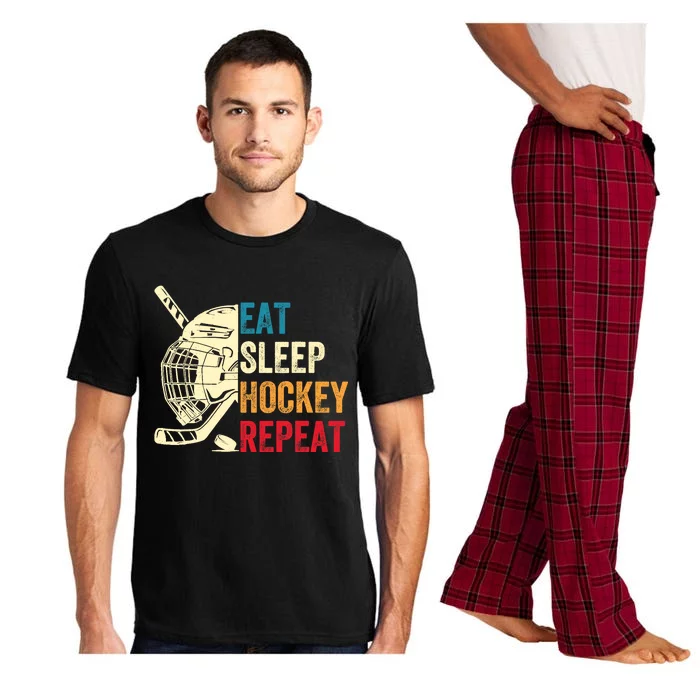 Eat Sleep Hockey Repeat Adult Ice Hockey Retro Vintage Pajama Set