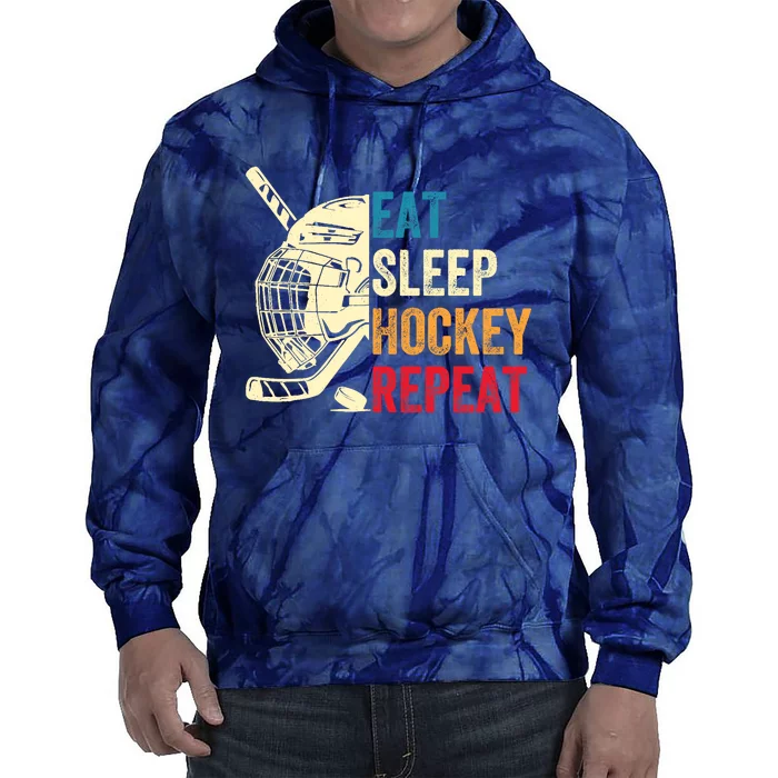 Eat Sleep Hockey Repeat Adult Ice Hockey Retro Vintage Tie Dye Hoodie